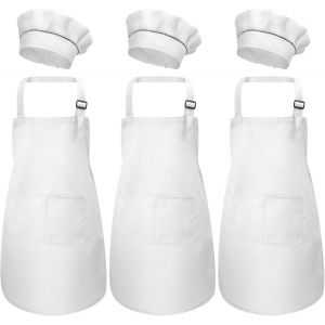 KALANKA-3 Set Tablier Enfant et Chapeau de Chef, Ajustable Bambin Tabliers de Cuisine avec Poches pour Filles Garçons, Tablier de Chef Jardin pour Cuisson Peinture L'artisanat (M pour 3-6 Ans) - Neuf