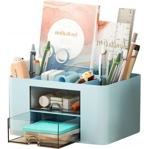Organiseur Bureau, Organiseur De Bureau Polyvalent, 5 Compartiments En Plastique Avec Deux Tiroirs, Multifonctionnel, Organisateur Maquillage Pour Papeterie, Bureau, Cosmétiques(Bleu) - Neuf