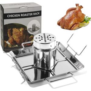 Support de Poulet pour canette de bi&egrave;re, Support Grille R&ocirc;Tissoire Poulet Acier Inoxydable Vertical Chicken Gril, avec bac d'&eacute;gouttage adapt&eacute; au Camping Barbecue en Plein air - Neuf