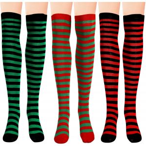 Jgd-3 Paires Christmas Socks, Élastiques Ensemble De Chaussettes Rayées Chaussettes Longues À Rayures Chaussettes Longues De Noël Bas De Cuisse De Noël Pour Cosplay Fête Costumée - Neuf