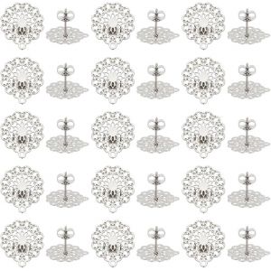 Kal-30 Pièces Boucles D'oreilles À Tige Acier Inoxydable Avec Boucle Bohème Creuse Plate En Filigrane Poteaux Avec Trou Écrous D'oreille Métal Bricolage Accessoires De Boucles D'oreilles - Neuf
