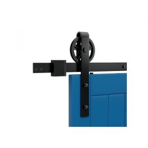 Syst&egrave;me de porte coulissante 243 cm rail acier au carbone noir kit quincaillerie style industriel pour porte de grange loft - Neuf