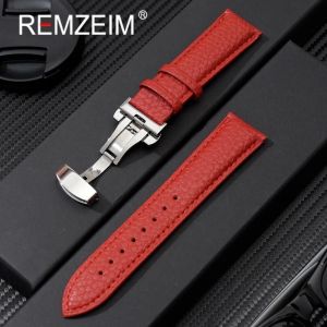 Typi-Bracelet En Grain Litchi 18/20/22/24mm,Accessoires De Montre,Bracelet De Montre En Cuir Véritable Souple Avec Boucle Papillon|Red|18mm - Neuf