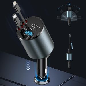 SJZG-120W Chargeur Voiture Retractable 4 En 1 Chargeur Retractable Avec C&acirc;bles R&eacute;tractables Et Affichage De La Tension, Pour V&eacute;hicules 12 V/24 V, Compatible Avec I Phone, Android, Samsung - Neuf