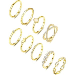 Kahfl-9pcs Bague Argent Or Pour Femme Fille Plaqué Or 14k Empilable Knuckle Bague Set Simple Délicate Cz Coeur Forme Mariage Bague Taille 52-64 - Neuf
