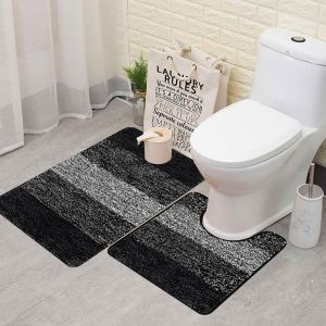 Kal-Lot De 2 Tapis De Bain Et Tapis De Toilette, Tapis De Bain Antidérapant Absorbant L'eau, Tapis De Toilette En Microfibre Lavable, Noir - Neuf