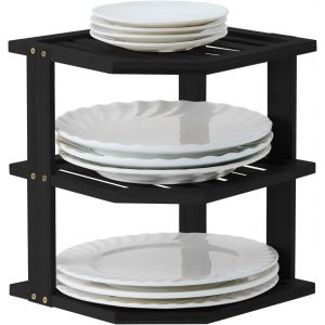 Eryi-Organisateur De Vaisselle En Bambou 25 X 25 X 25 Cm, Insert D'armoire D'angle À 3 Étages Pour Étagère De Cuisine, Égouttoir, Support D'assiettes, Noir - Neuf