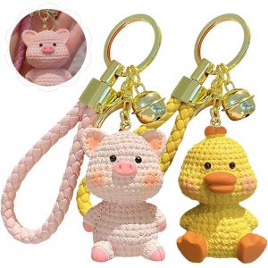 Loc-Porte-Clés Animaux Kawaii 2 Pièces Porte-Clés Kawaii Enfant Avec Corde En Cuir Pu Pour Pendentifs De Sac À Dos,Pendentifs De Voiture,Cadeaux,Etc. (Petit Canard,Petit Cochon) - Neuf