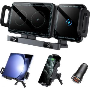 Support de t&eacute;l&eacute;phone Portable de Voiture pour Galaxy Z Fold 6 5 4 3 2 avec Fonction de Charge 15 W Dual Coils QC 3.0 Fast Wireless Charger Auto pour Z Fold Support de Voiture Rotatif - Neuf