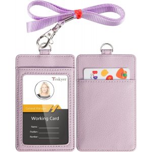 Porte Badge, Porte Badge Tour De Cou, 2 Emplacements Pour Cartes, En Cuir Pu, Avec Effacer La Fenêtre Longe En Nylon, Violet Clair - Neuf