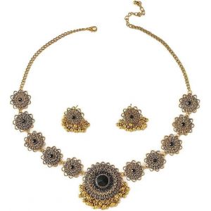 Kal-Ensemble De Bijoux Indiens Bollywood Femmes Collier Choker Oxydé Boucles D'oreilles Jhumkas Or Plaqué Zirconium Style Bohème Pour Mariage Fête Cérémonie Fleurs Franges Et Perles Et Ethnique - Neuf
