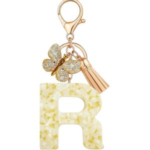 KAL-Porte-Cl&eacute;s Beige Avec Lettre Porte-Cl&eacute;s Fille Initiale Cadeau Femmes Porte-Cl&eacute;s Papillon D&eacute;corer Pour Sac Sac &Agrave; Dos Porte-Clef Gland Or Porte-Clef Femme A-Z - Neuf
