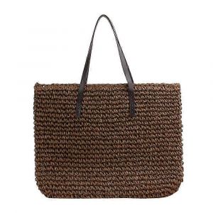 Sac cabas en paille tressée pour femme, grande capacité, anses en PU et fermeture éclair, style plage d'été chic - Neuf