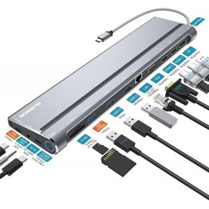 Station D'Accueil - Hub Usb C 14 En 1 Avec Triple &Eacute;cran,Adaptateur De Type Compatible Macbook Et Windows (4K Dual Hdmi Dp Vga Usb3.1 Lecteur Carte Sd Tf Gigabit Ethernet Usb3.0 Port) Gris - Neuf