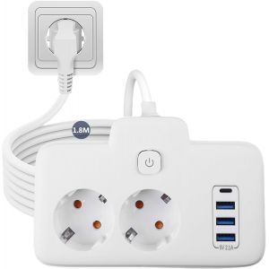 Multiprise 2 prises, avec c&acirc;ble d'extension de 2 m, 3 ports USB et 1 type C, id&eacute;ale pour le bureau, la maison et les voyages - Rallonge pratique avec multiprise - Neuf