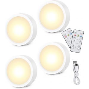 Spot Led Rechargeable Usb 4 Pcs, Veilleuse Cuisine Sans Fil Escalier Placard,3 Couleurs Dimmable,5 Niveaux De Luminosité, Avec Télécommandes,Magnétique,Minuterie (Avec Autocollant En Métal) - Neuf
