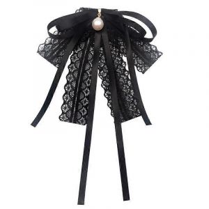 Femmes Filles Noir Dentelle Ruban Noeud Papillon Fausse Perle Pendentif Broche Broche Collier Uniforme Chemise Chemisier Pré-Noué Col Jabot - Neuf