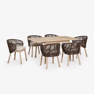 Set de table extensible 100-160x100 cm Karvia et 6 chaises de salle &agrave; manger en bois d'acacia et corde tress&eacute;e Capri Marron Chocolat - Neuf
