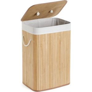 MEVRONISSHOP-Panier &agrave; Linge 72L avec Couvercle, Corbeille en Bambou Naturel Bo&icirc;te de Rangement &agrave; Linge Pliable avec Couvercle Amovible pour Buanderie, Chambre, 40 x 30 x 60 cm - Neuf
