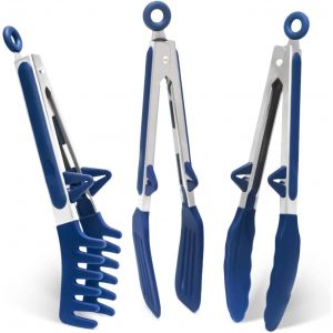 ERYI-Pince Cuisine Inox, 23Cm Lot De 3 Pince Barbecue Avec Embouts En Silicone, Pince Plancha Pour Griller, Barbecue, Buffet, Bleu - Neuf
