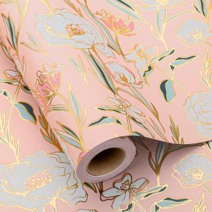 Rouleau de papier cadeau motif fleur rose - 43 cm x 10 m &eacute;l&eacute;gant floral dor&eacute; brillant emballage cadeau pour anniversaire, mariage, f&ecirc;te des m&egrave;res, Saint-Valentin - Neuf