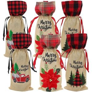 6 No&euml;l Bouteille De Vin Ensembles, Cordon De Serrage Bouteille De Vin Sacs Avec Cordon De Serrage Linge De Bouteille De Vin - Neuf