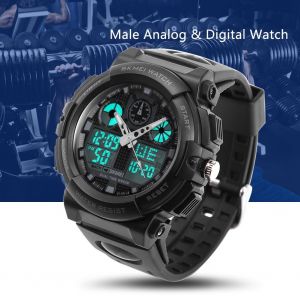 Montre-Bracelet Analogique Et Numerique Pour Homme, Double Fuseau Horaire, Retroeclairee, Ronde, Sport, Grise - Neuf