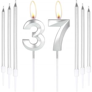 Lot De 6 Bougies D'anniversaire 37 Ans Argentées En Forme De Chiffre 37 Pour Gâteau-Décoration De Gâteau Pour Homme Et Femme-Décoration De 37e Anniversaire De Mariage-Fournitures De - Neuf