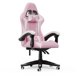 Chaise Gaming Inclinable 135&deg;, Si&egrave;ge Confortable En Cuir, Fauteuil Gamer Ergonomique, Appui-T&ecirc;te, Support Lombaire, Rose - Neuf