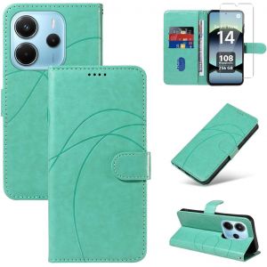 CAUC-Coque Compatible avec Xiaomi Redmi Note 14 4G (Pas pour EU Version) (Pas pour 5G) avec 1 Pi&egrave;ce Protection &Eacute;cran en Verre Tremp&eacute;, Housse PU Cuir &agrave; Rabat Flip, &Eacute;tui Portefeuille Fonction (Vert) - Neuf