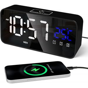 KAL-Réveil Numérique Led Avec Température Et Date, Grand Reveil Matin 25 Musique, 3 Alarmes, Luminosité Réglable, Snooze, 2 Port Usb, Jour De La Semaine, Horloge Numérique Chevet Chambre, Noir - Neuf