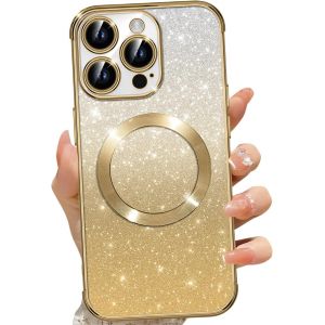 SJZG-Coque Magn&eacute;tique Pour Iphone 16 Pro Max 6,9"", Etui &Agrave; Paillettes Compatible Avec Magsafe, Antichoc Charge Sans Fil Housse Pour Iphone 16 Pro Max, Avec 2 Verre Tremp&eacute;, Dor&eacute; - Neuf