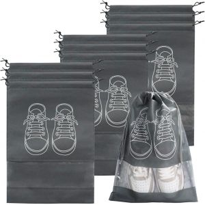 Sac à chaussures de voyage, imperméable et anti-poussière, en polaire, avec fenêtre transparente et cordon de serrage (32 x 44 cm), 10 pièces, gris - Neuf