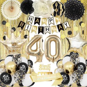 LETNERNY-Decoration Anniversaire 40 Ans, Ballon Anniversaire De Fête En Noir Or, Deco Pour 40 Ans Femme Homme, Happy Birthday Bannière - Neuf