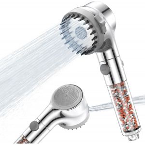 LKJKJ-Pommeau de Douche Filtrant [Haute Pression & Economie Deau] - 3 Types de Jets - avec brosse de massage en silicone et bouton d'arrêt eau - Neuf
