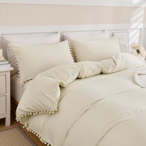 Letnerny-Parure De Lit En Microfibre Douce Avec Housse De Couette À Pompons Et Fermeture Éclair Crème Lit Double 200 X 200 Cm - Neuf