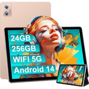 KALWS-Tablette 11 Pouces 2025 Nouvelle Android 14 Tablet 24Go Ram 256Go Rom(1To Extensible),Octa-Core,5G+2.4G Wifi,Widevine L1,13Mp+5Mp,Bluetooth 5.0,8000Mah Tablette Tactile Avec Etui-Gold - Neuf