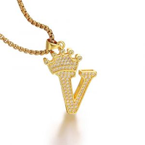 26 Lettres A-Z Zircon Couronne Initiale Alphabet Pendentif Collier Pour Femmes Hommes De Luxe Plaqu&eacute; Or Cuivre Colliers Bijoux Cadeaux--V - Neuf