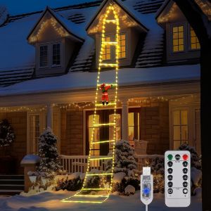 3 M &Agrave; Led En Forme D'&eacute;chelle De P&egrave;re No&euml;l, Avec P&egrave;re No&euml;l Grimpant, 8 Modes, Fonction M&eacute;moire Minuteur, &Eacute;tanche, Pour Decoration Noel Exterieur Et Interieur (Chaud) - Neuf