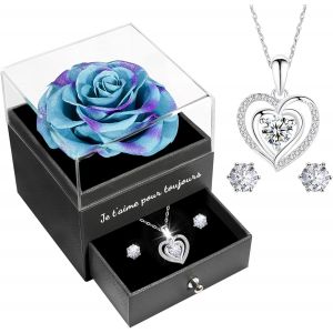 Rose Eternelle Coffret Cadeau Femme, Rose &Eacute;ternelle avec Argent 925 Collier Boucles d'oreilles Bijoux Cadeau Anniversaire Femme Maman, Fleur Eternelle Cadeau Noel Saint Valentin Fete des Meres - Neuf