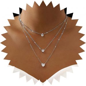 Kal-Boho Layered Brillant Strass &Eacute;toile Collier Gouttelettes D'eau Cristal Amour Pendentif Collier Ras Du Cou Cha&icirc;ne En Argent Multi-Couches Collier Bijoux Pour Femmes Filles (Argent) - Neuf