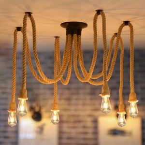 Hanging Chandelier With 6 Heads, Led Hanging Ceiling Light, Diy Spider Lamp, Rattan Lampshade For Bedroom, Industrial Light, Spider Shaped Chandelier, Loft Lighting (1 Piece) - Neuf