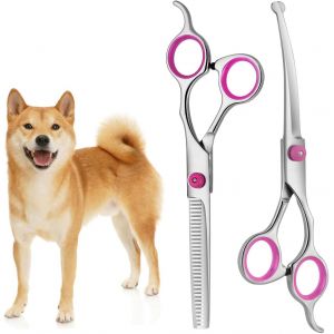Professionnel Ciseaux Toilettage Chien, Lot De 2 Ensemble De Ciseaux De Toilettage Pour Chien, Ciseaux Toilettage Pour Animaux Avec Embouts De S&eacute;curit&eacute; Ronds Pour Chats Cheveux Salon (Rose) - Neuf