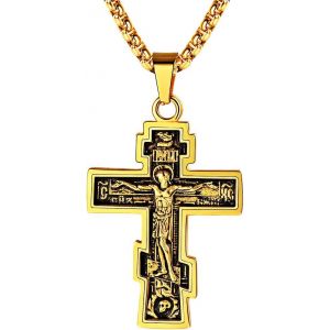 Trahoo-Collier Pendentif Croix Jésus Orthodoxe Russe Acier Inoxydable,Pendentif Croix Byzantine Crucifix Chaîne Réglable 55cm Bijoux Religieux Amulette De Protection(Boîte Cadeau) - Neuf