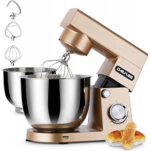 Robot Patissier ,1500 W Robot P&acirc;tissier,Avec Bol En Acier Inoxydable De 4,5 Et 5,5 L,10+P Vitesse,Avec Crochet M&eacute;langeur, Crochet P&eacute;trisseur,Fouet Et Protection Anti-Eclaboussures (Dore&iquest; - Neuf