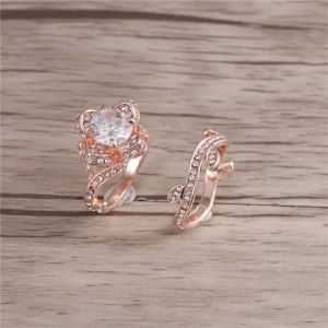 Bague En Cuivre Plaque Zircon, Forme De Fleur Unique Et Tendance, Bijou Pour Femme (Or Rose 9#) - Neuf