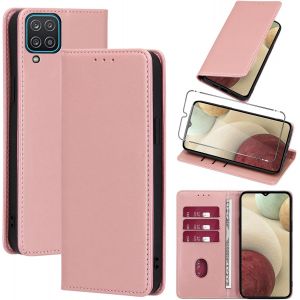 Kal-Coque Cuir Pour Samsung Galaxy A12/M12/A12 Nacho Avec 1 Verre Tremp&eacute; Etui &Agrave; Rabat En Pu Porte-Cartes Portefeuille Support Flip Housse Magn&eacute;tique Antichoc Anti-Rayures Case 6.5"",Rose-Gold - Neuf