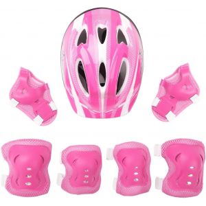 Casque V&eacute;lo Enfant 7 Pcs Set De Protection Roller Pour Enfant Fille Gar&ccedil;on Casque R&eacute;glable Coudi&egrave;res Genouill&egrave;re Prot&egrave;ge-Poignets Protection Trottinette Skateboard(Rose,50-54cm) - Neuf