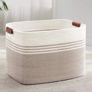 MEVRONISSHOP-Panier &agrave; linge tress&eacute; en corde de coton - 100 l - Avec poign&eacute;es en cuir - Pour couvertures, v&ecirc;tements, jouets, chambre d'enfant, salon - 60 x 40 x 40 cm - Blanc et marron - Neuf