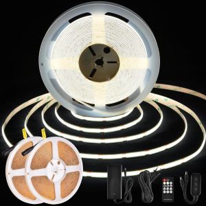 Ruban Led Cob 5m, 480 Leds/M, 3000k Bande Led Dimmable Avec Telecommande Et Alimentation, Dc24v, Cri>92, Largeur 8mm, Ruban Led Blanc Chaud Pour Décoration De Chambre - Neuf